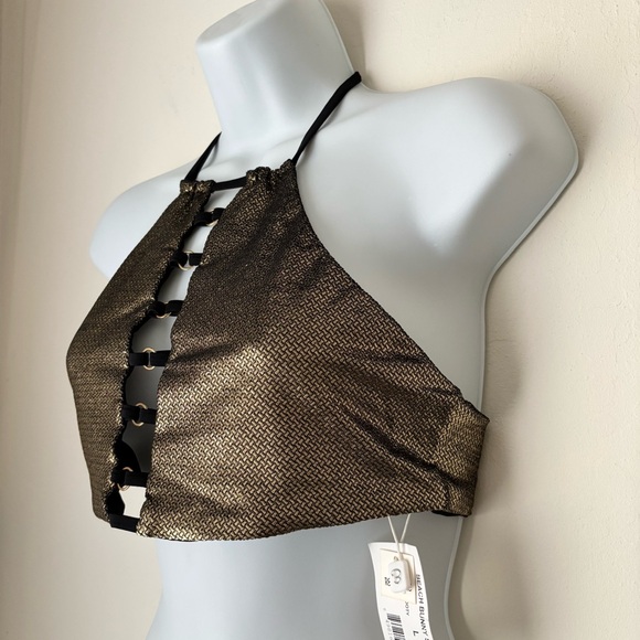 Beach Bunny Pirates Booty High Neck Halter Swim Top Size Large NEW Gold Black - Picture 3 of 12